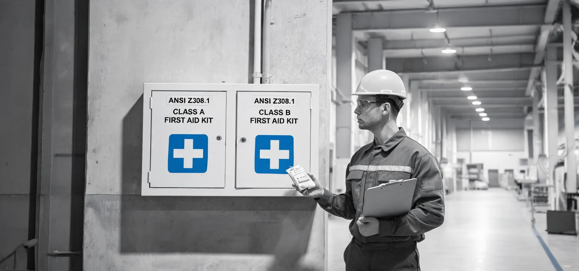 First aid cabinets in an industrial workplace